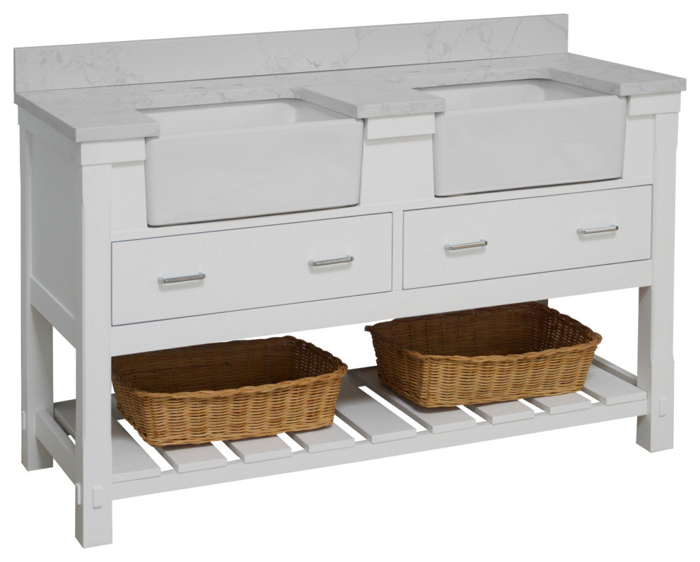 Charlotte 60" Bathroom Vanity, White, Engineered Carrara, Double