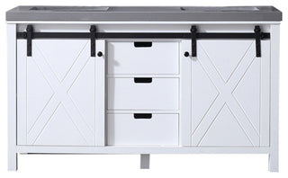 Marsyas 60" White Double Vanity, Gray Quartz Top, White Sinks, No Mirror