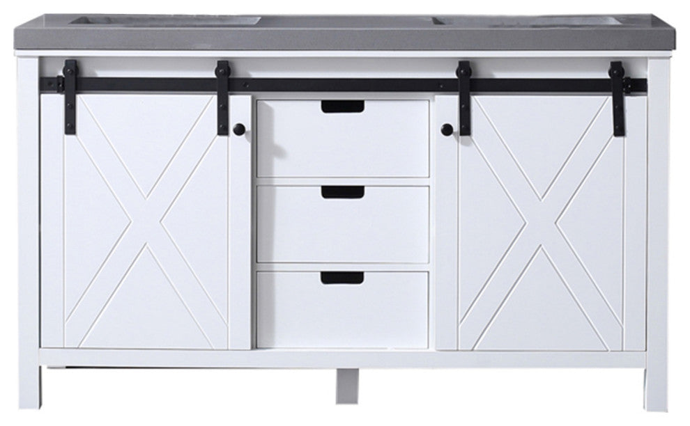 Marsyas 60" White Double Vanity, Gray Quartz Top, White Sinks, No Mirror