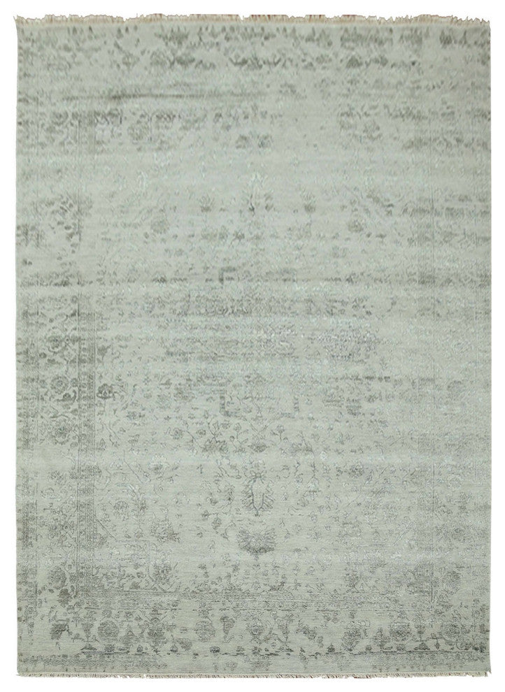 Gray, Wool and Silk Hand Knotted, Persian Erased Heriz Design Rug, 9'10"x14'3"