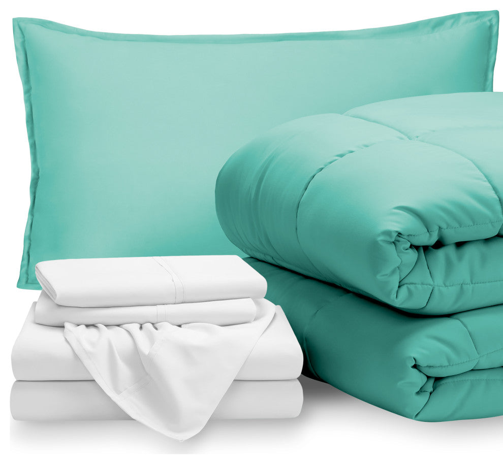 Bare Home 5-Piece Twin Bed-in-a-Bag, Turquoise, White