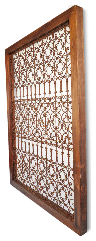 Large Wood Framed Open Iron Screen