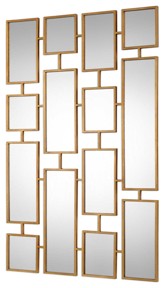 Elegant Gold Mirrored Wall Art Collage 48", Modern Geometric Squares