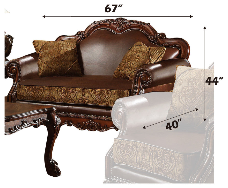 Dresden Loveseat With 2 Pillows, Brown PU and Chenille, Cherry Oak