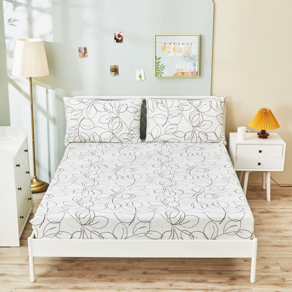 Tache Modern Leaf Foliage Abstract White Grey Black Bottom Fitted Sheet, Twin