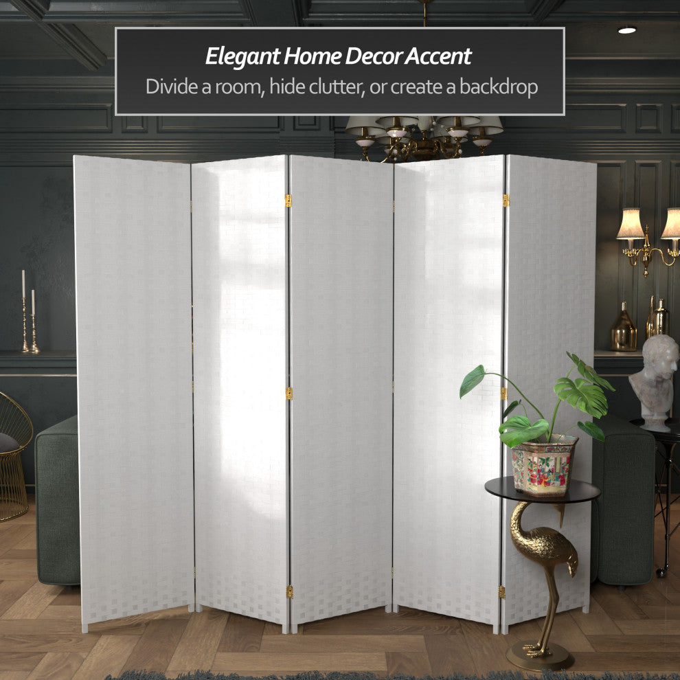 6' Tall Woven Fiber Room Divider, 5 Panel, White