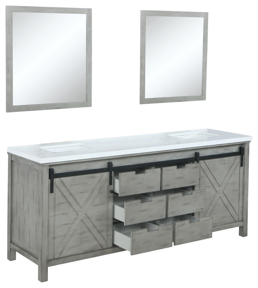 Marsyas 84" Ash Gray Double Vanity Cabinet Quartz Top Sinks, 34" Wall Mirrors