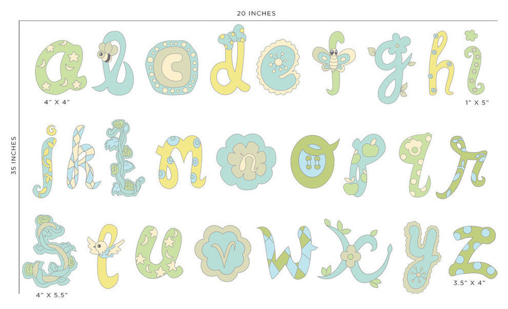 Alphabet Fabric Wall Decals , Script Alphabet in Blue and Green