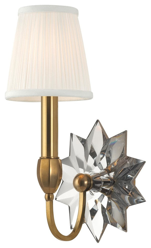 Barton, One Light Wall Sconce, Aged Brass Finish, White Pleated Silk Shade