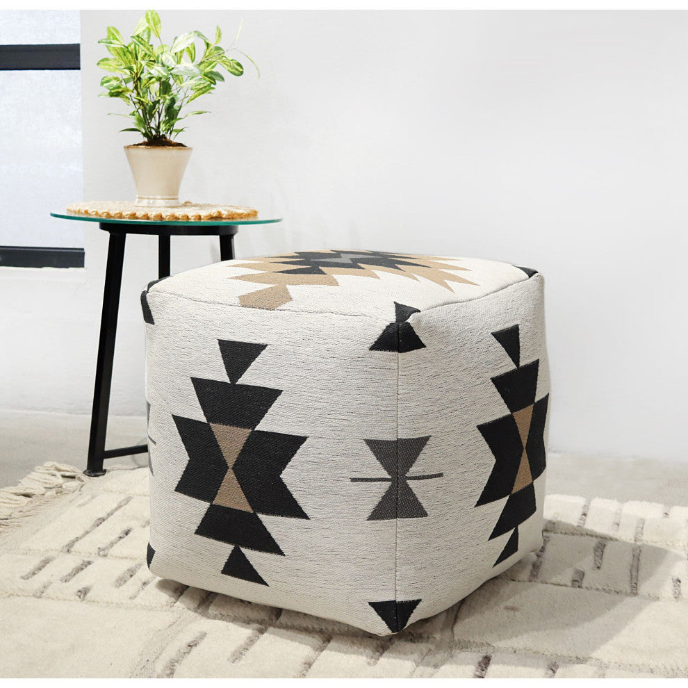 Black Machine Woven Ortiz Pouf, 18" Cube