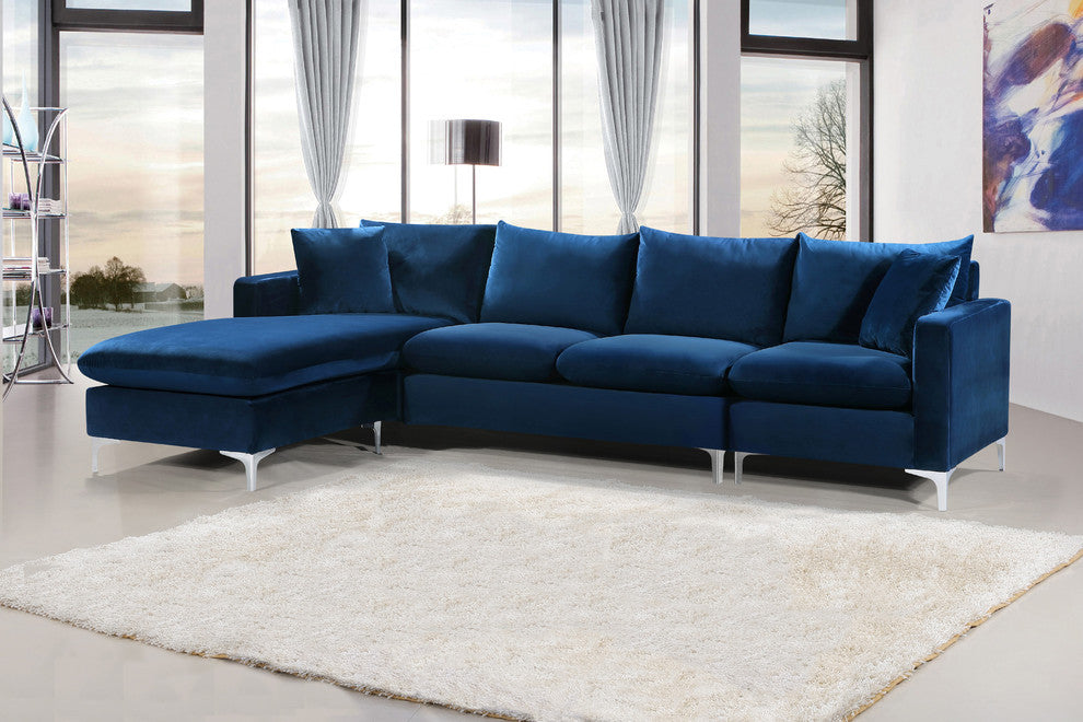 Naomi 3-Piece Velvet Upholstered Reversible Sectional, Navy