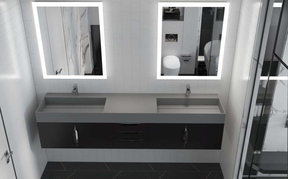 CastelloUSA Amazon 84" Wall Mounted Bathroom Vanity Set, Black, Gray Top, Brushed Nickel