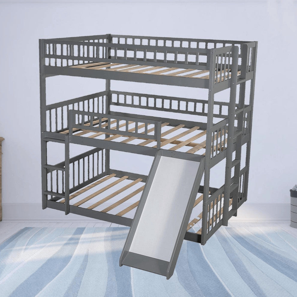 Gray Full Over Full Over Full Contemporary Bunk Bed With Slide