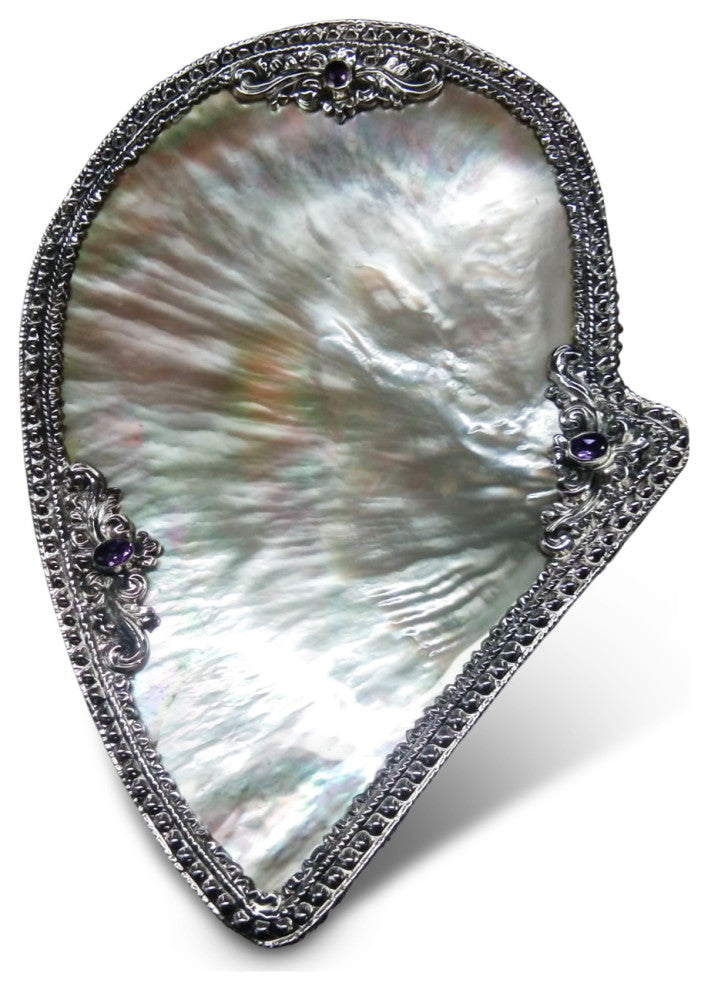 South Sea Shell Plate with Repose Silver set with Amethyst or Red Garnets, Purpl