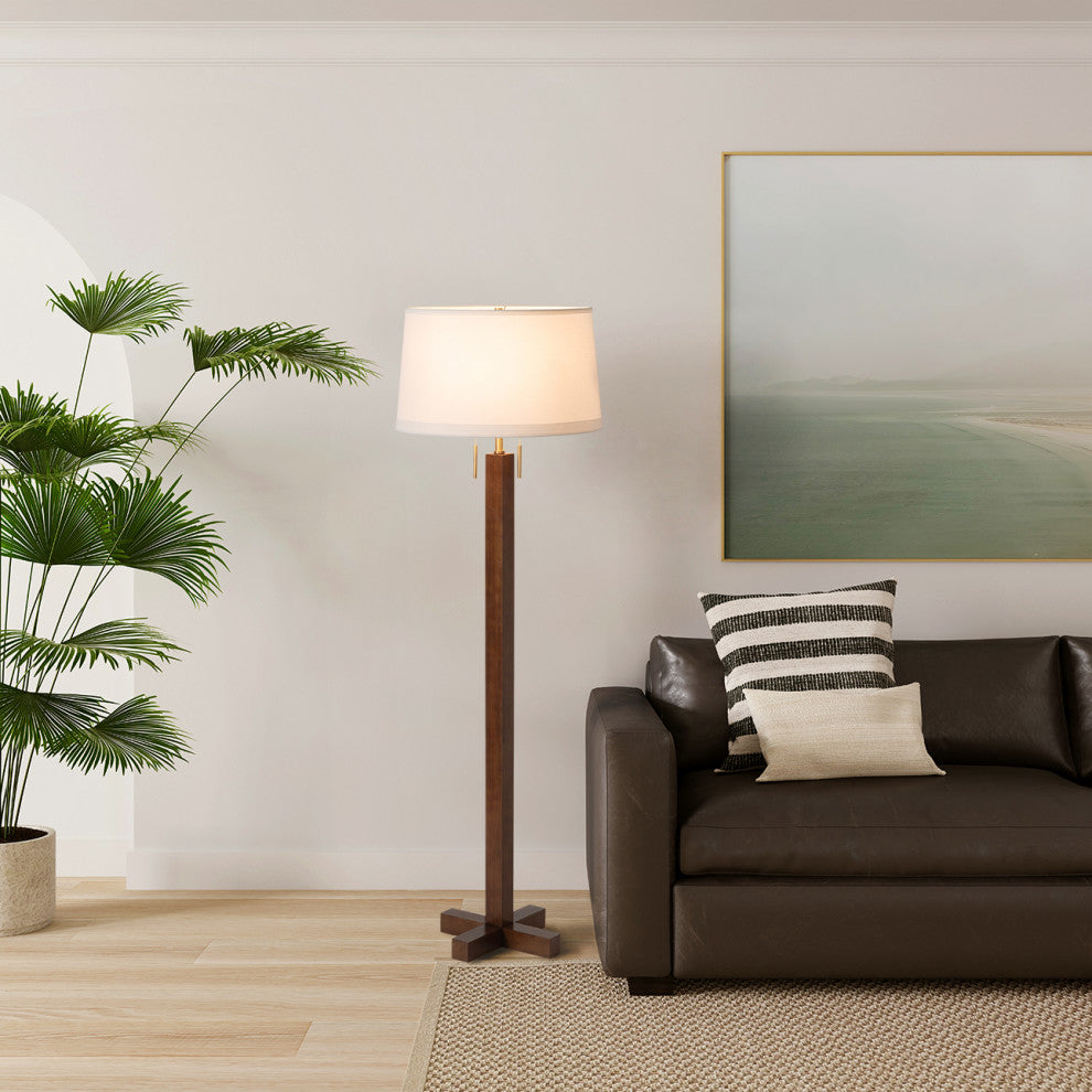 Swiss Cross Floor Lamp -Dark Walnut Wood Finish, Weather Brass, White Line Shade