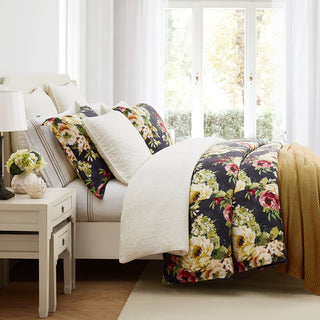 Peony Washed Linen Comforter Set, Blossom, 3 Piece, Charcoal, Super King