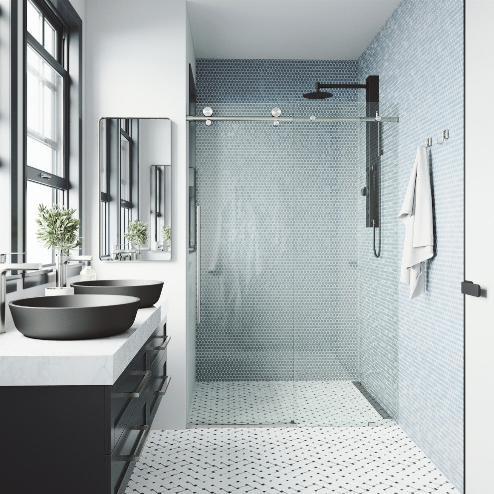 VIGO Elan E-Class 68" to 72" W x 76" H Frameless Sliding Shower Door, Stainless Steel, Clear Glass