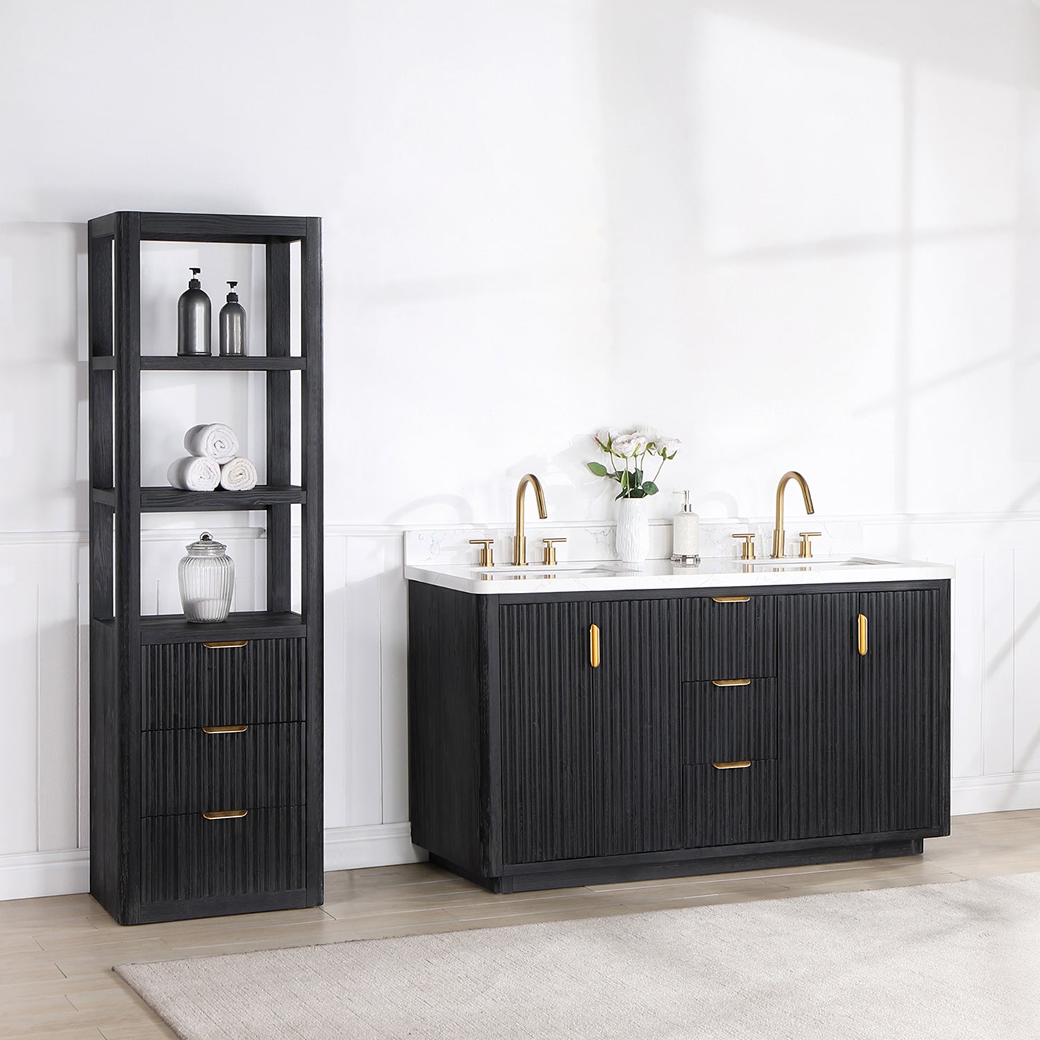 Vinnova Cadiz Bath Vanity, Composite Stone Top, Black, 60", No Mirror