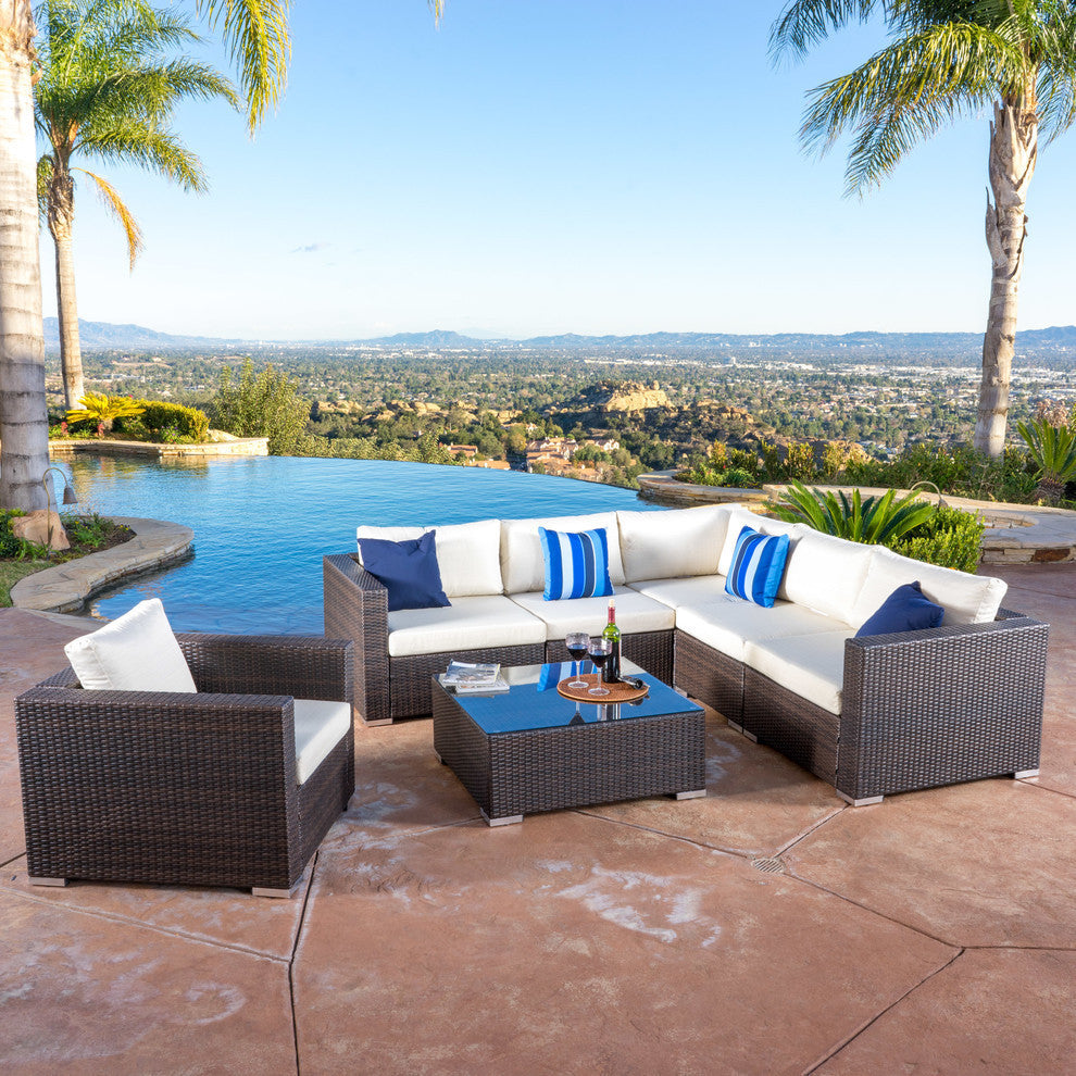 GDF Studio 7-Piece Francisco Outdoor Wicker Seating Sectional Set With Cushions, Multibrown/Beige