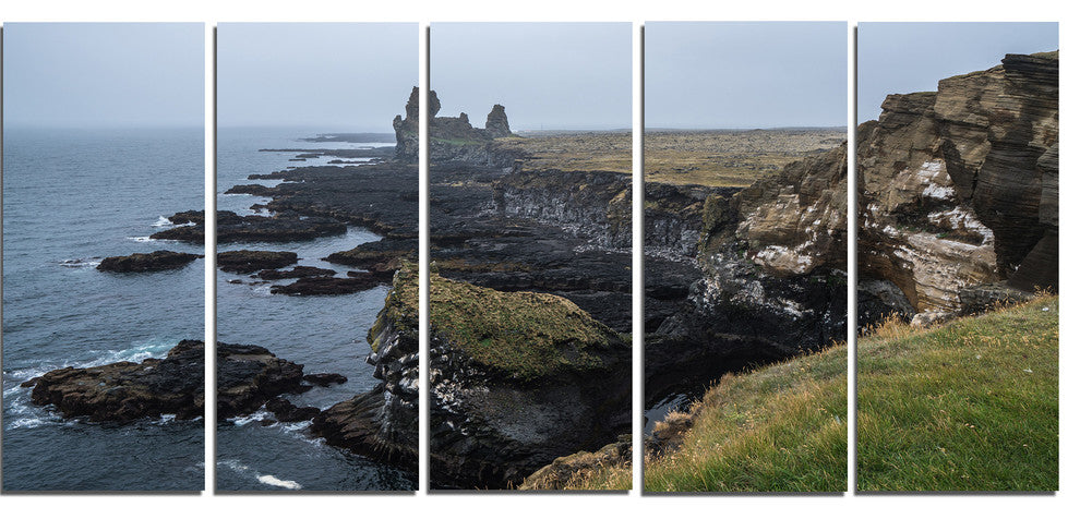 Rocky and Scenic Iceland Beach, Landscape Canvas Art Print, 60"x28", 5 Panels