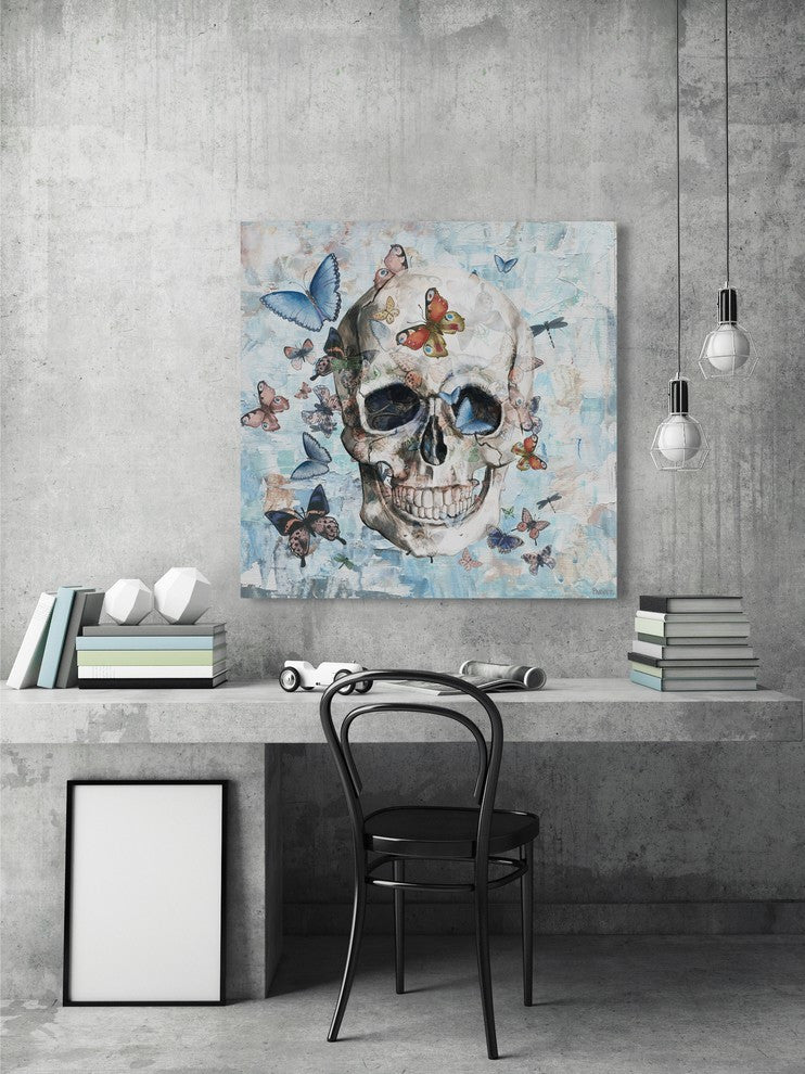 "Clouded Happy Butterfly Skull" Painting Print on Wrapped Canvas, 12"x12"
