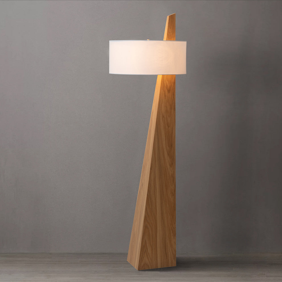 Obelisk Floor Lamp - Natural Ash Wood Finish, White Cotton-Linen Shade