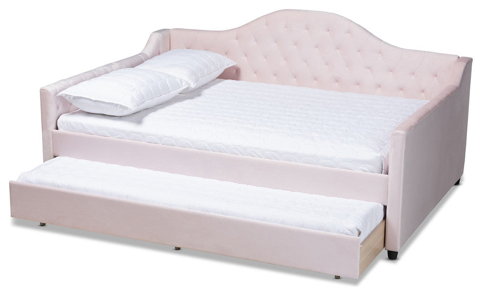 Luanna Light Pink Velvet Upholstered and Button Tufted Full Daybed With Trundle