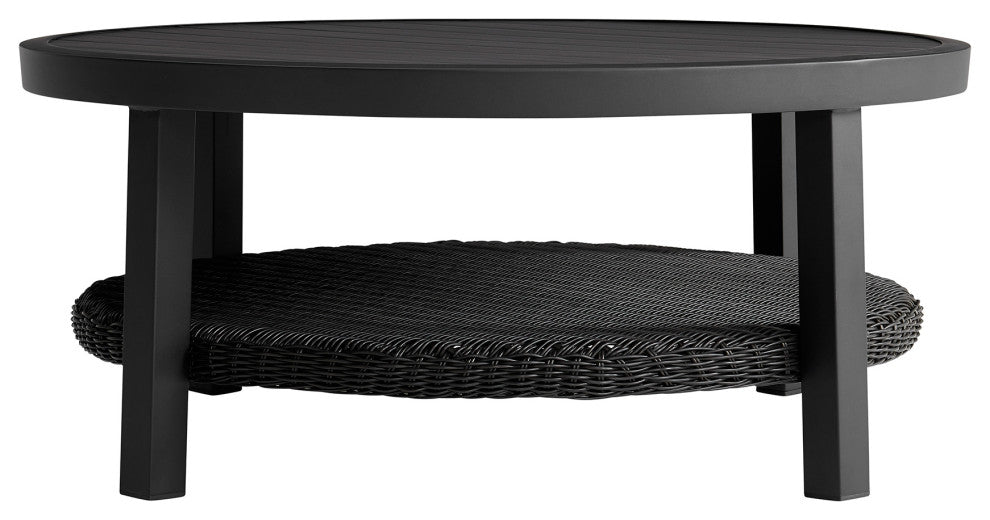 Grand Black Aluminum Outdoor Round Conversation Table With Wicker Shelf