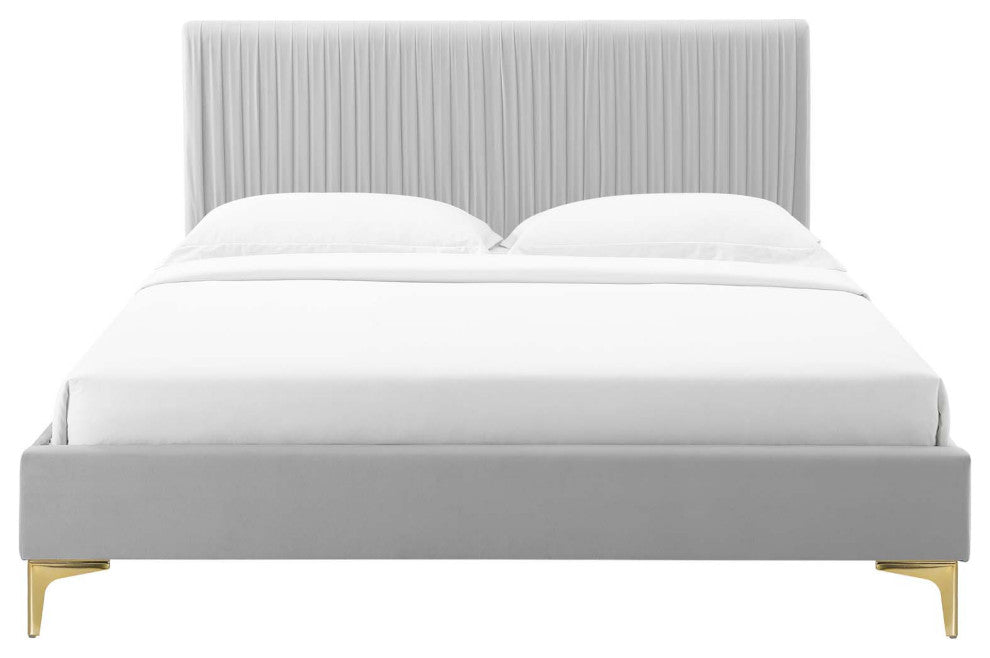 Platform Bed Frame, Queen Size, Velvet, Light Gray, Modern Contemporary