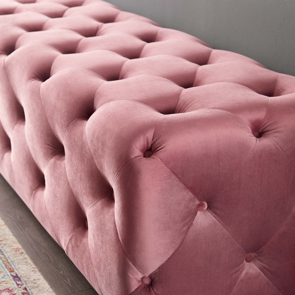 Tufted Accent Chair Bench, Velvet, Pink, Modern, Living Lounge Hotel Hospitality