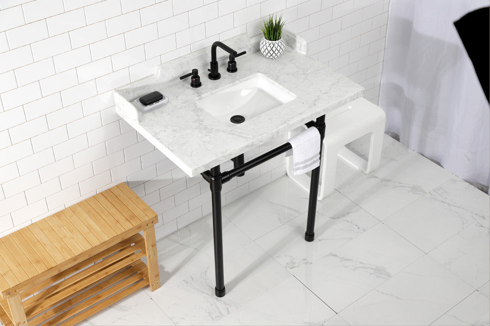 Kingston Brass LMS36M8SQ0ST 36" Carrara Marble Console Sink, Legs