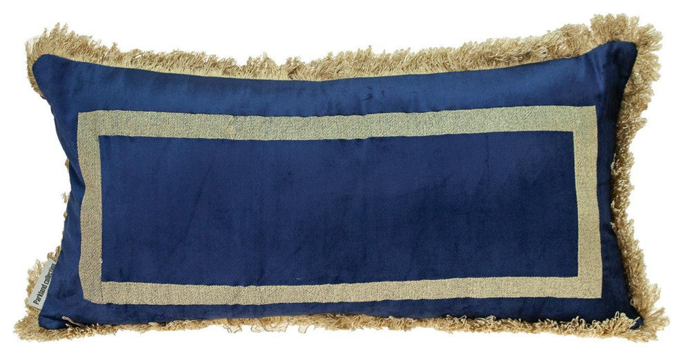 Boho Blue With Gold Fringe Decorative Lumbar Throw Pillow
