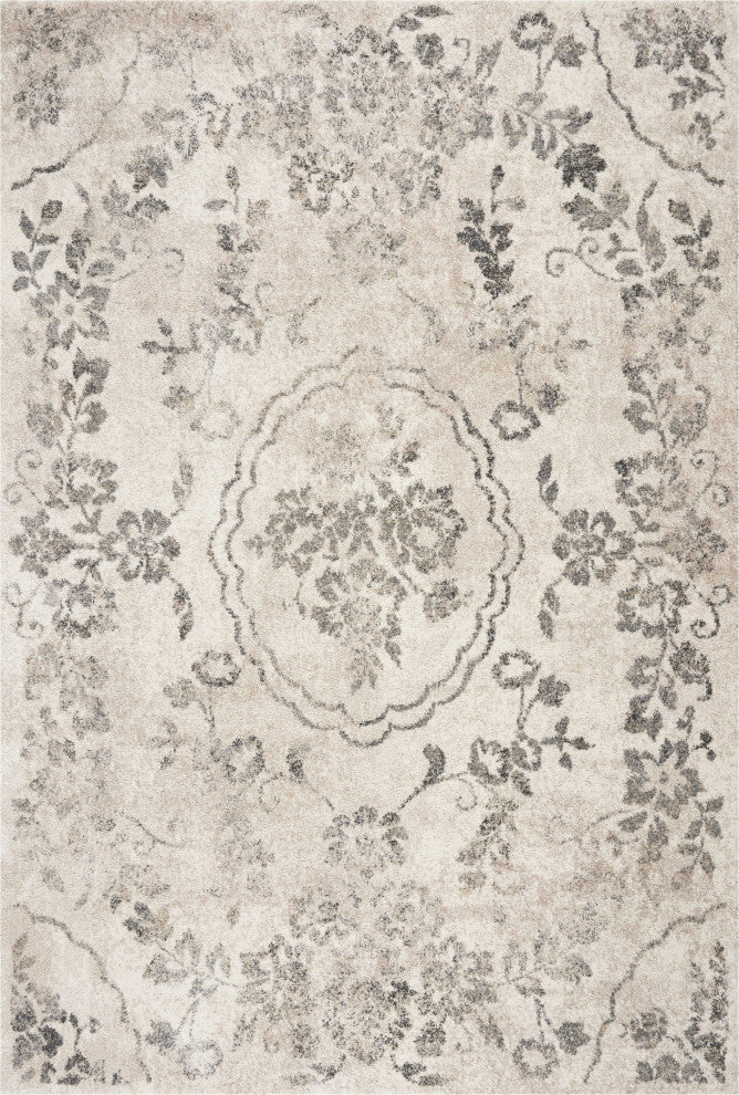 HomeRoots 5'x8' Grey Machine Woven Distressed Floral Medallion Indoor Area Rug