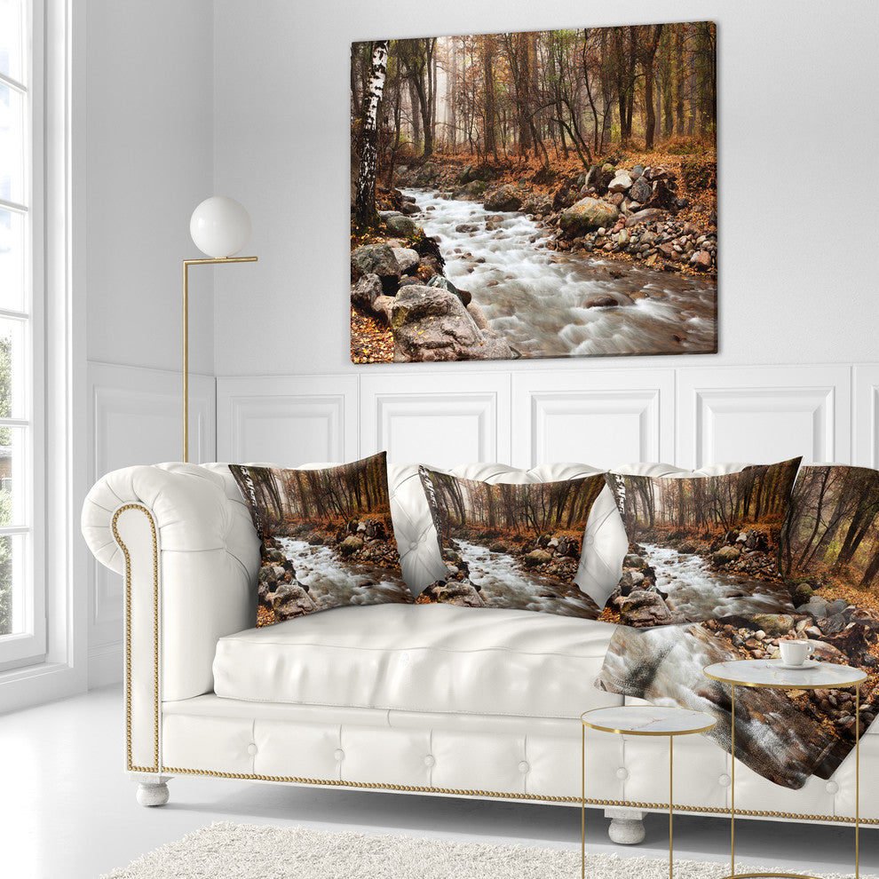 Stream in Autumn Forest Landscape Photography Throw Pillow, 16"x16"