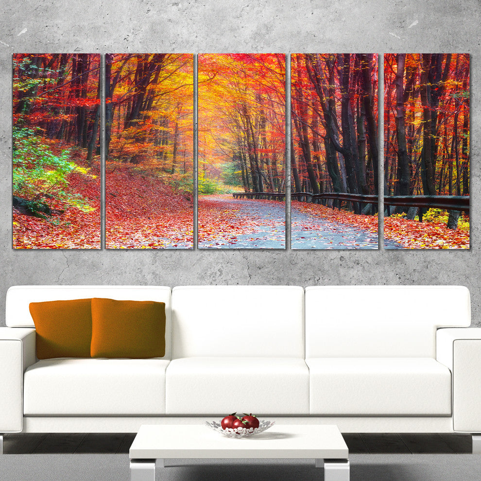Road in Beautiful Autumn Forest, Modern Forest Canvas Art, 60"x28", 5 Panels
