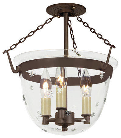 Small Semi Flush Classic Bell Lantern In Tiny Star Glass, Oil Rubbed Bronze