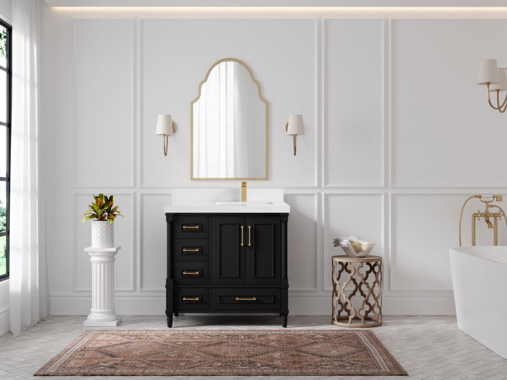 Aberdeen 36 Right Offset Bath Vanity in Black 2" White Quartz