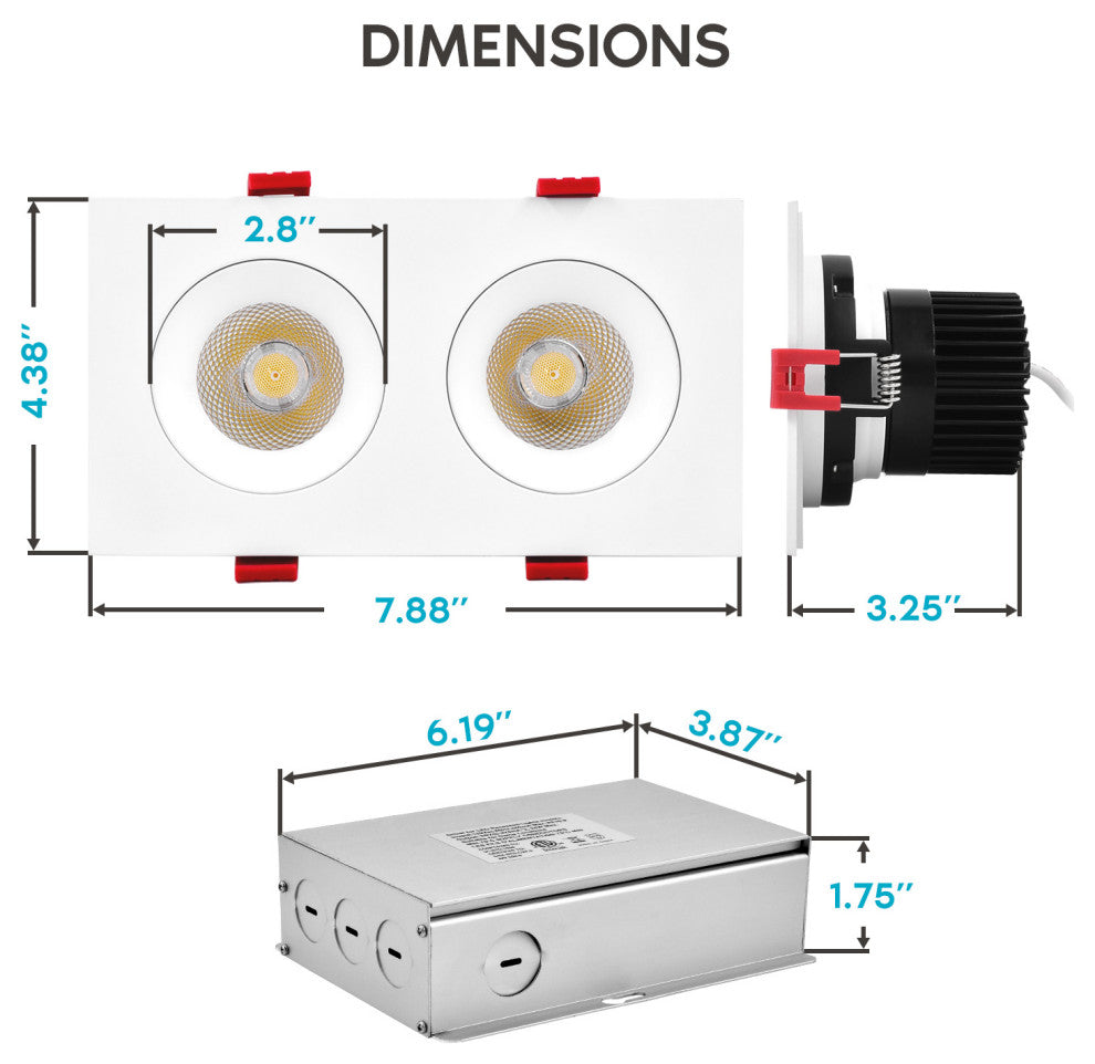 Double Head Adjustable LED Recessed Light 24W 5 Color Options 1400 Lumens