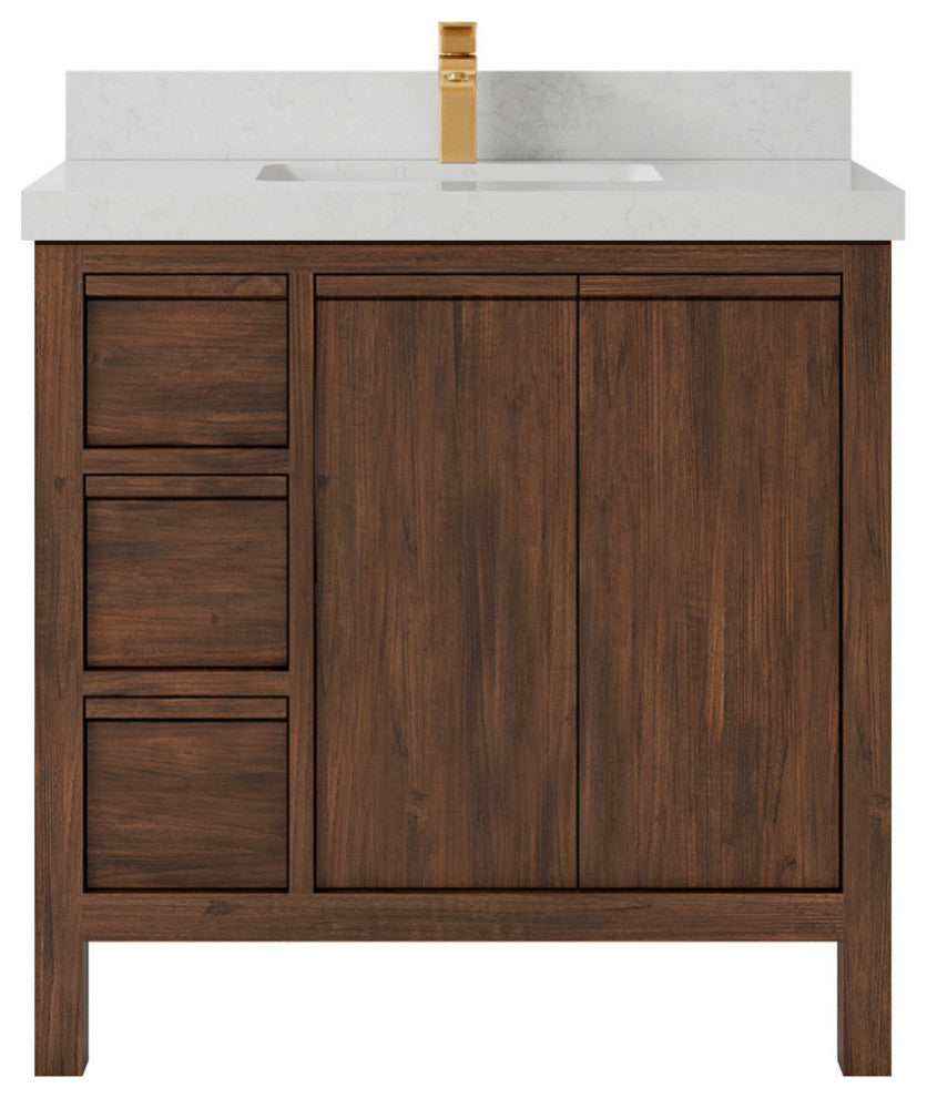 Elizabeth 36 Center Sink Bath Vanity in Dark Walnut Teak 2" Carrara Quartz