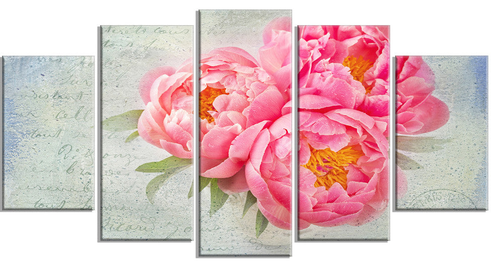 Pink Peony Flowers in White Vase, Large Floral Canvas Print, 60"x32", 5 Panels
