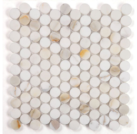 Mosaic Tile Marble Penny Coin Series, Calacatta White Gold Glossy