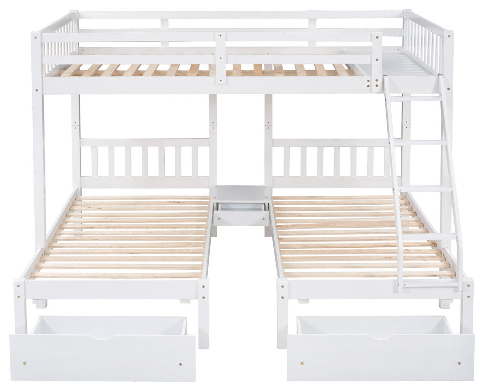 Gewnee Full Over Twin Wood Triple Bunk Bed with Drawers In White
