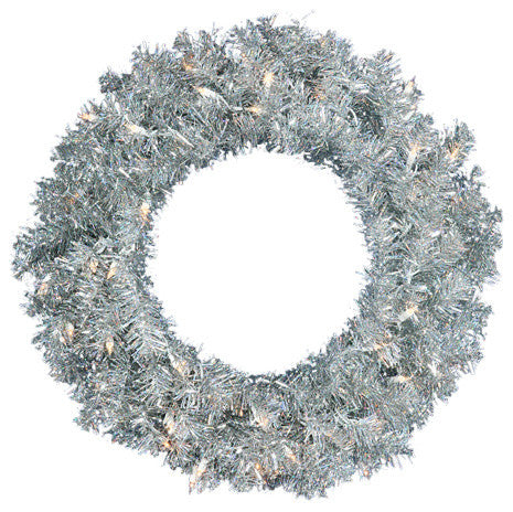 24"  Pre-Lit Sparkling Artificial Christmas Wreath, Clear Lights, Tinsel Silver