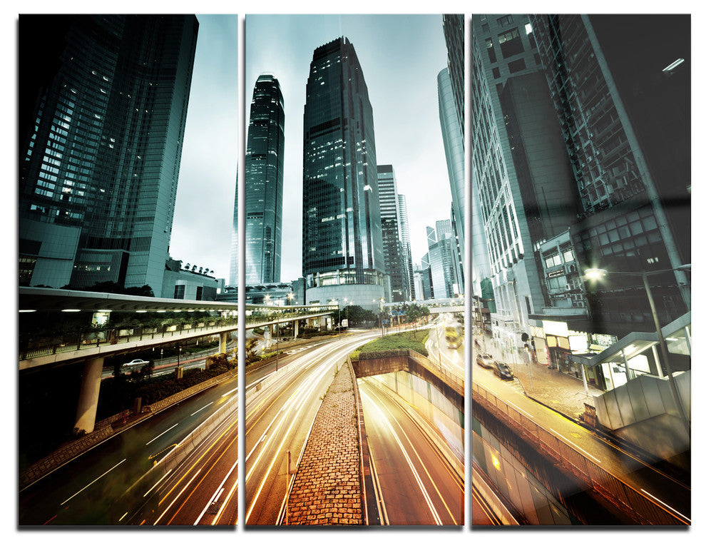 "Traffic in Hong Kong at Sunset" Photo Metal Wall Art, 3 Panels, 36"x28"