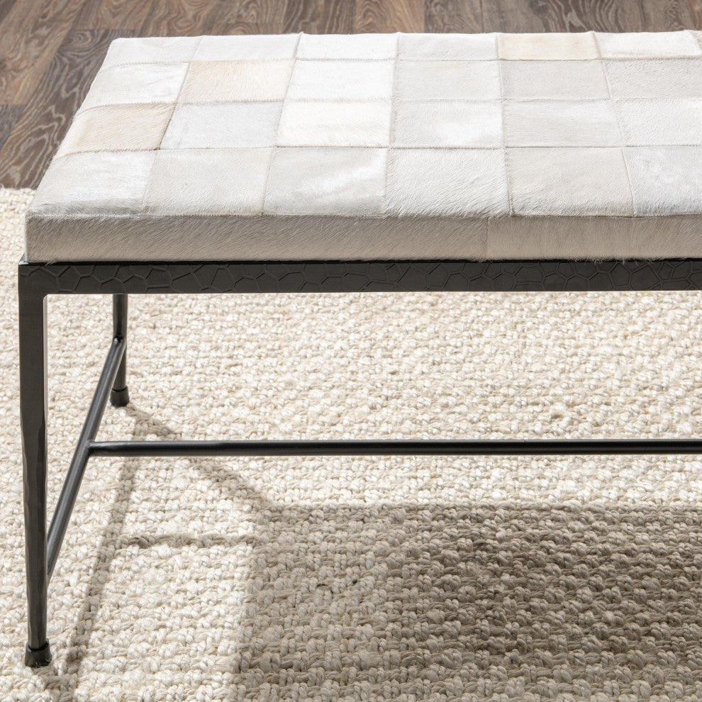 Achen Leather Hide Ottoman Bench by Kosas Home , Ivory, 60"