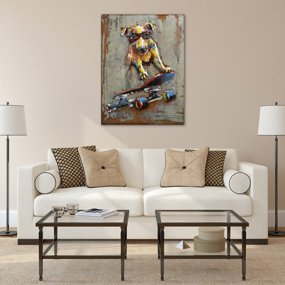 "Dog on Skateboard" Mixed Media Iron Hand Painted Dimensional Wall Art