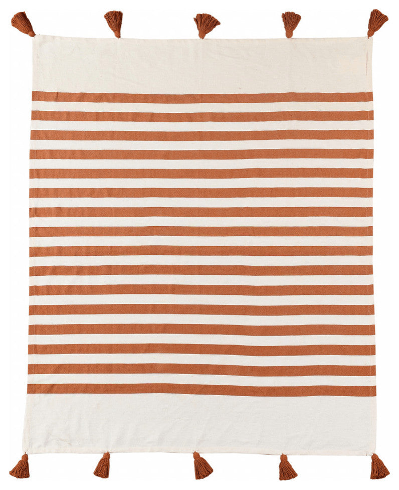Orange Woven Cotton Striped Throw Blanket