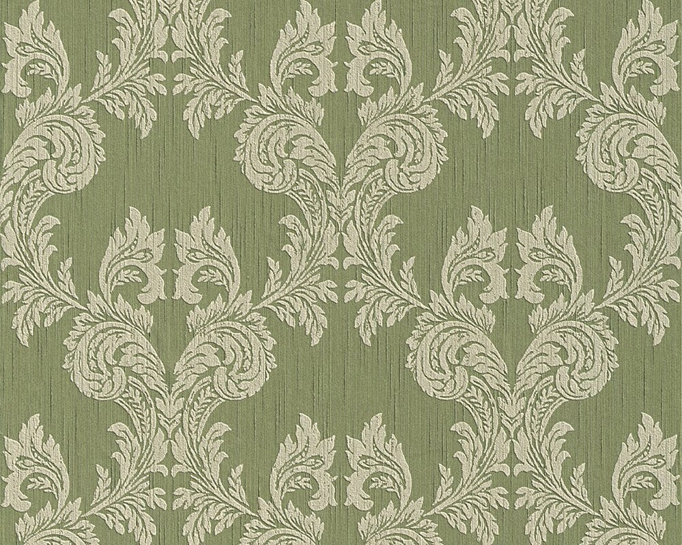 Tessuto, Baroque Fabric Green Wallpaper Roll, Wall Decor Accent