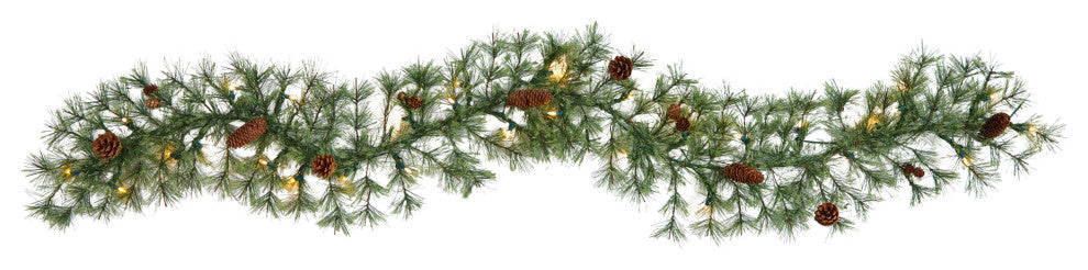 6' North Carolina Pine Faux Christmas Garland With 30 White Lights & Pinecones