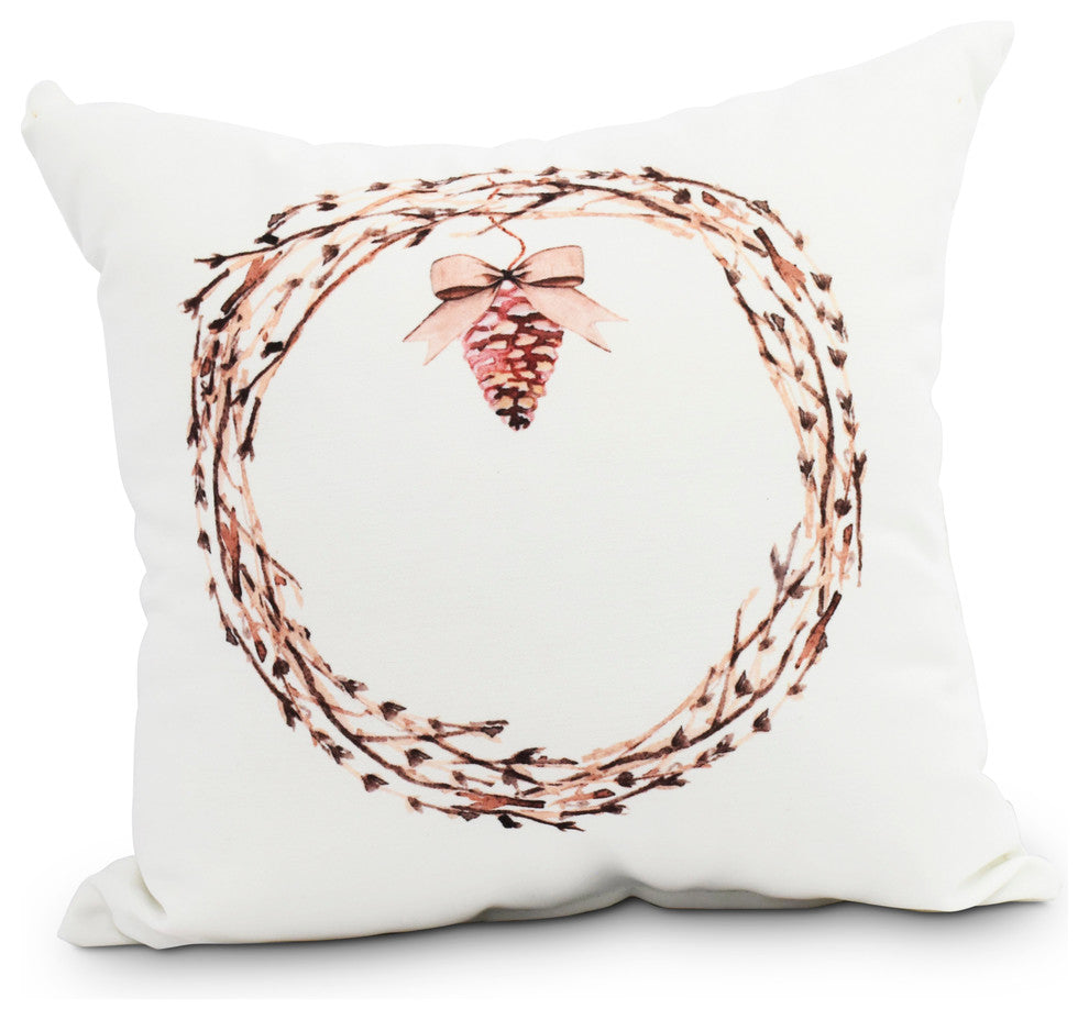 Natural Wreath Holiday Print Decorative Outdoor Throw Pillow, Off White , 16"